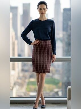 J. McLaughlin Elm Skirt Black & Red Metallic Tweed Houndstooth Pencil Skirt
